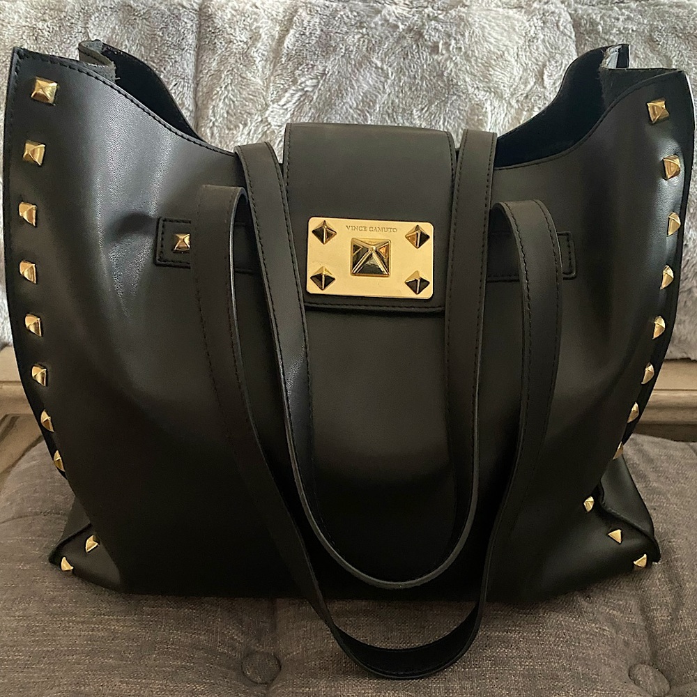 Vince Camuto Oversized Black Leather Studded Tote Bag